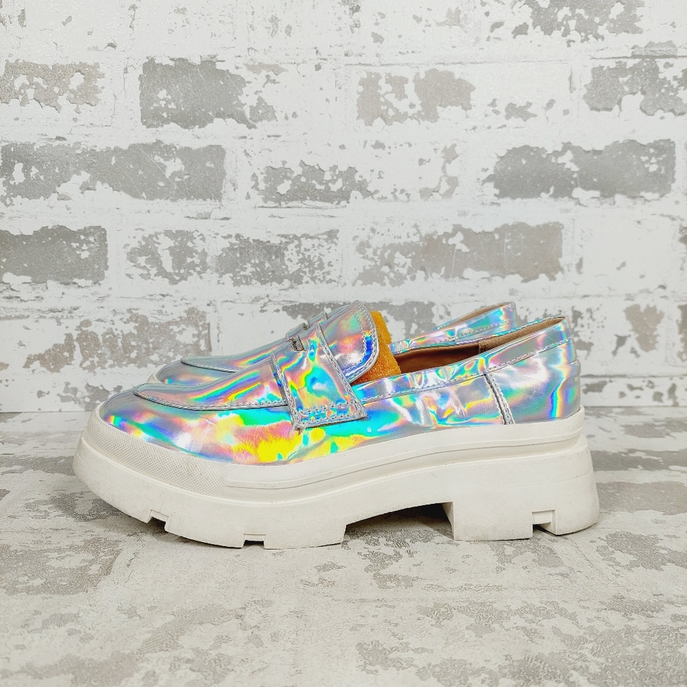 NEW Steve Madden Koryn Silver Iridescent Chunky Platform Loafers C924